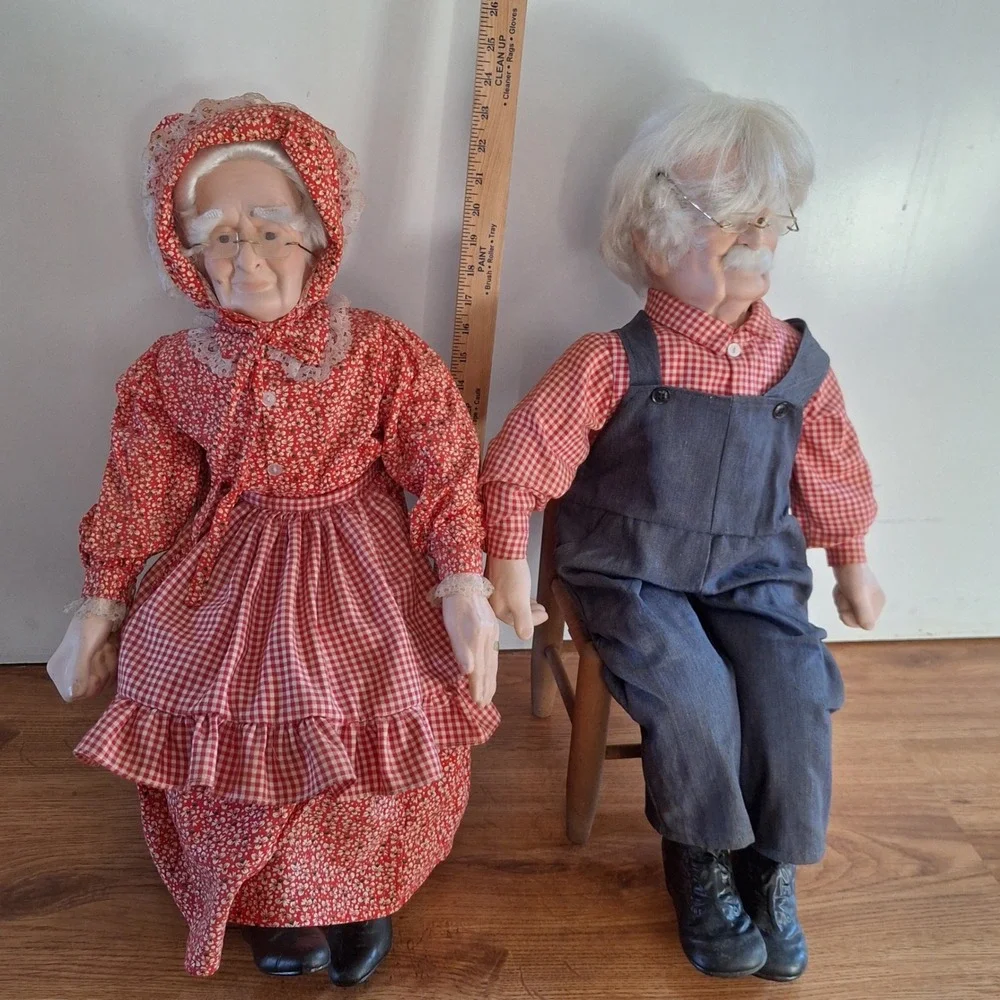 Vintage Porcelain Grandmother Grandfather Dolls Seated on Wooden Chairs Pair 23